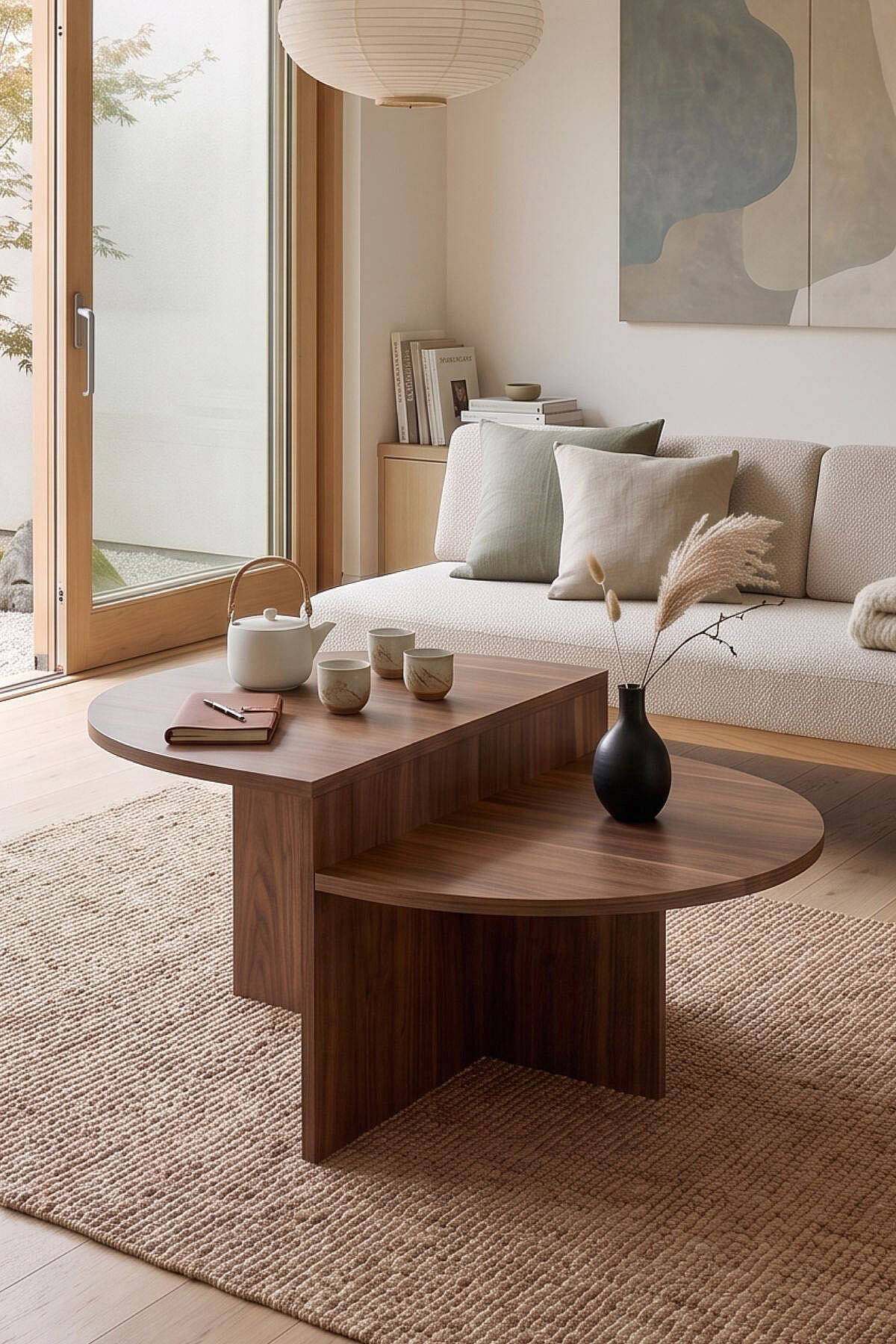 Table basse OSE1 ronde à deux niveaux, effet noyer ou pierre