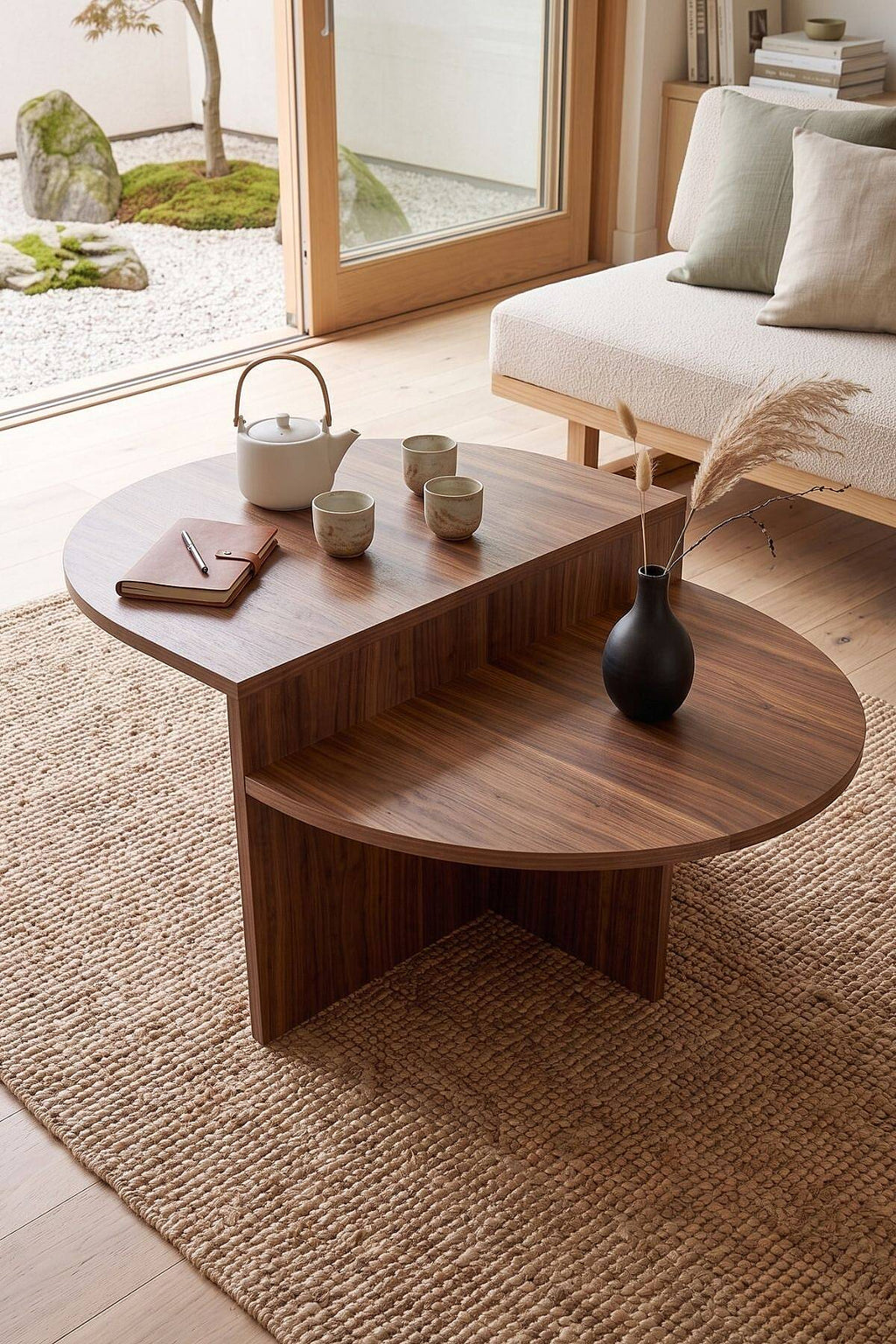 Table basse OSE1 ronde à deux niveaux, effet noyer ou pierre