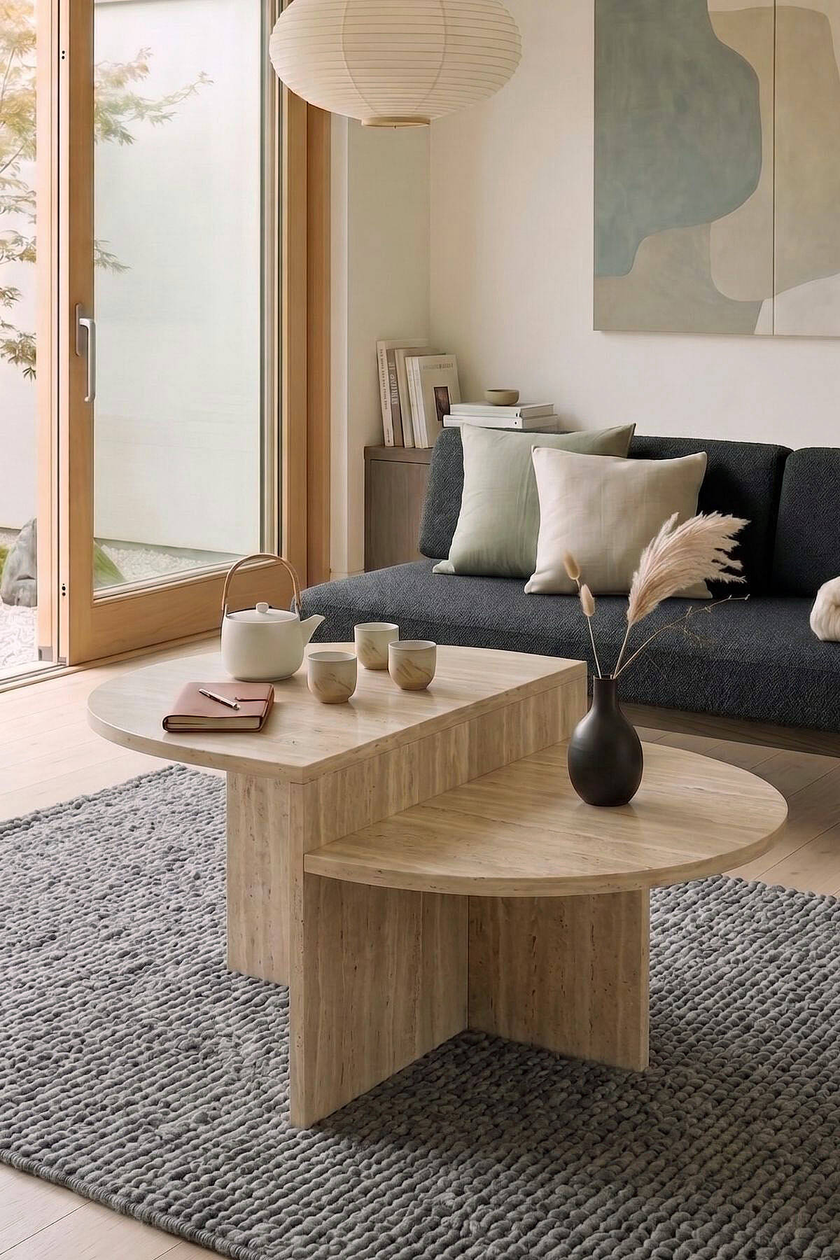 Table basse OSE1 ronde à deux niveaux, effet noyer ou pierre