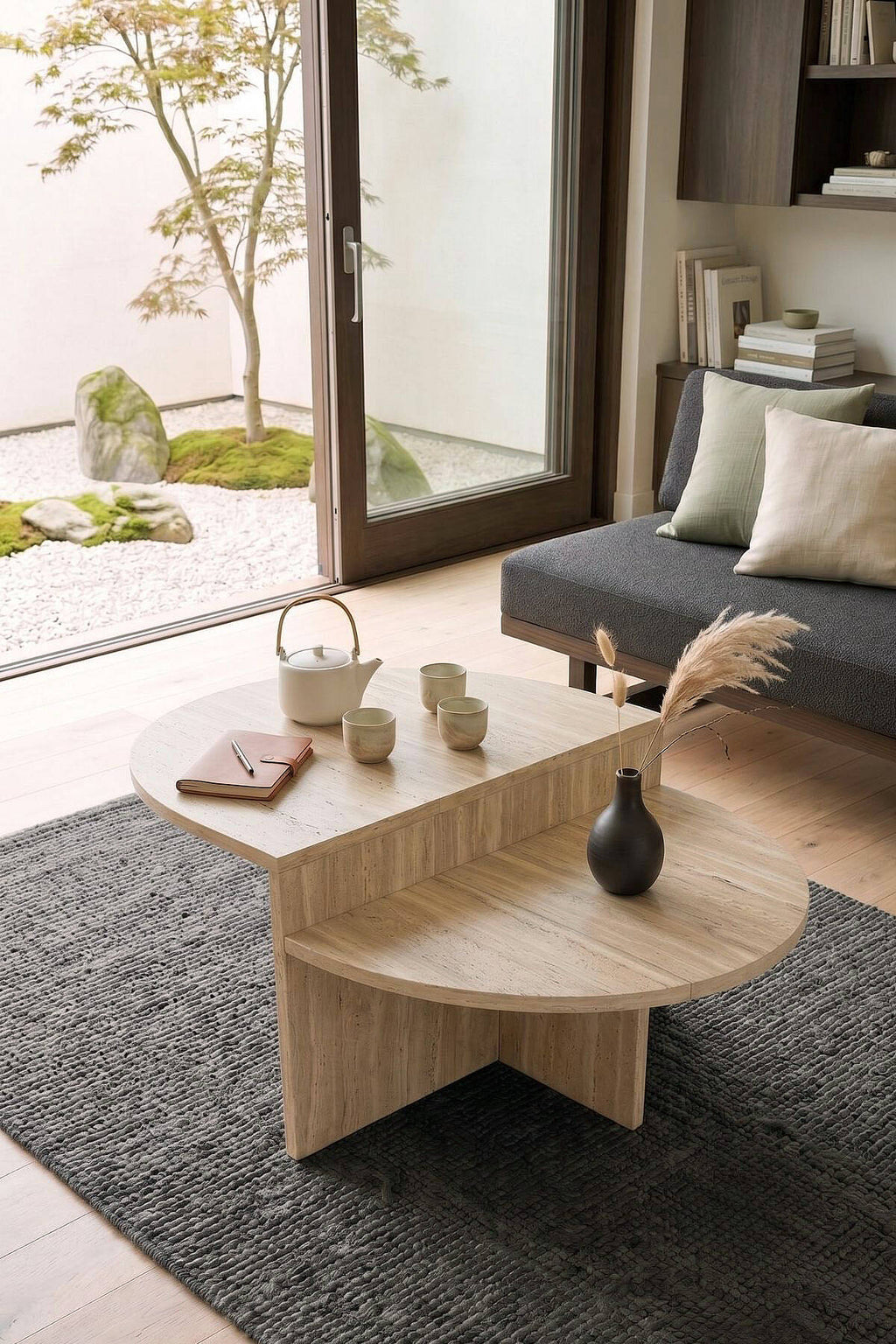 Table basse OSE1 ronde à deux niveaux, effet noyer ou pierre
